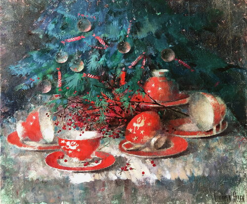 Dance of Red Cups by Helen Illichova, Painting for Sale on Singulart