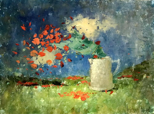 Flight of Scarlet Butterflies par Helen Illichova, Peinture en vente sur Singulart