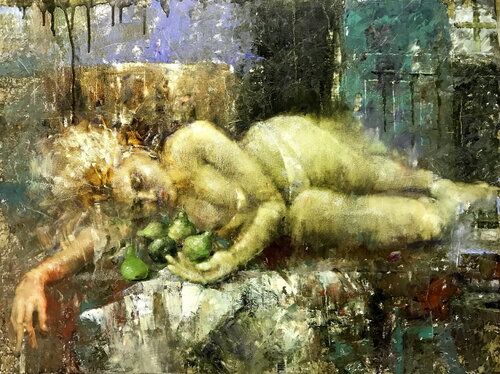 Green Little Pears by Helen Illichova, Painting for Sale on Singulart