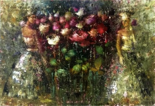 Pink Gardeners par Helen Illichova, Peinture en vente sur Singulart