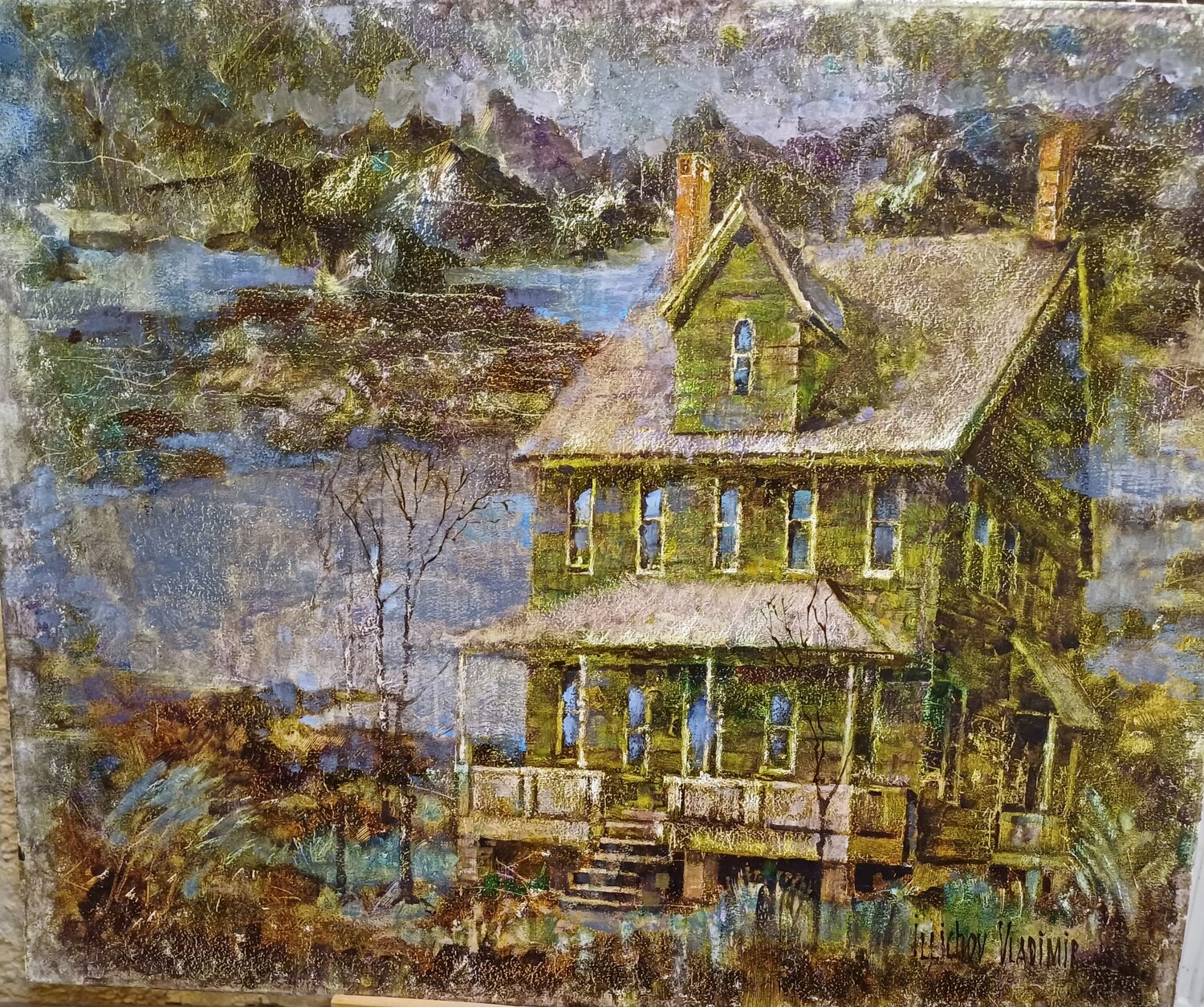 A House by the Mountain Lake Helen Illichova Originalgemälde zu verkaufen