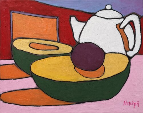 Tea and sliced avocadoes di Stewart Fletcher, Pittura in vendita su Singulart