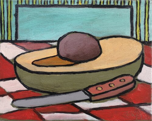 Avocado with Knife on checkered table cloth von Stewart Fletcher, Malerei kaufen auf Singulart