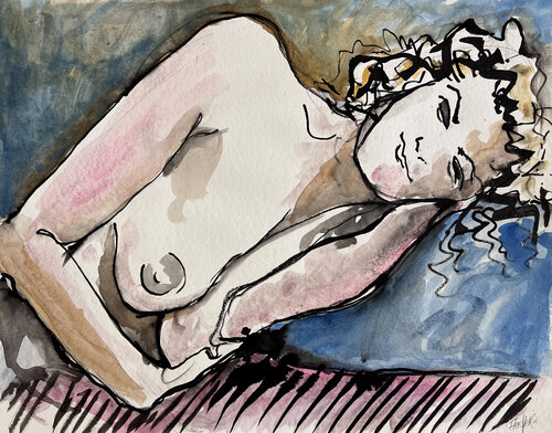 Model at Rest on Blue a Cushion by Stewart Fletcher, Work on Paper for Sale on Singulart