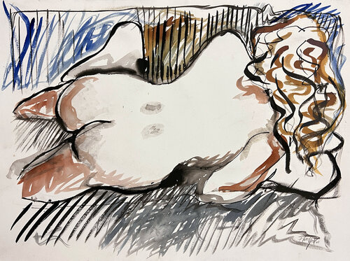 Model on futon with stripes van Stewart Fletcher, Werk op papier te koop op Singulart