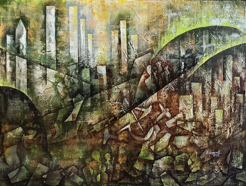 Tvaṣṭā Nagnatva (The Weight Beneath the Skyline) by Dipayan Ghosh, Painting for Sale on Singulart