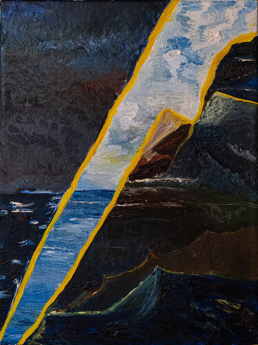 Enigmatic seas: the whispering cliffs of twilight di Fatima Erkenova, Pittura in vendita su Singulart