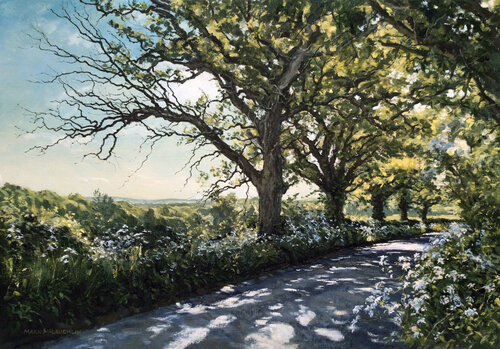 Oaks in spring morning light, Rusper. di Mark McLaughlin, Pittura in vendita su Singulart