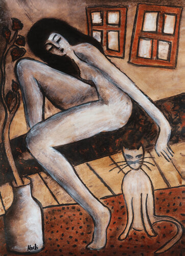 Woman with a cat von Maria Moretti, Zeichnungen kaufen auf Singulart