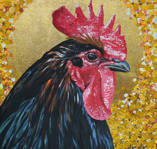 Black rooster par Maria Moretti, Peinture en vente sur Singulart