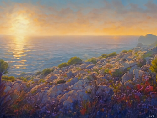Sunset on mallorca - Landscape van Maria Moretti, Schilderij te koop op Singulart
