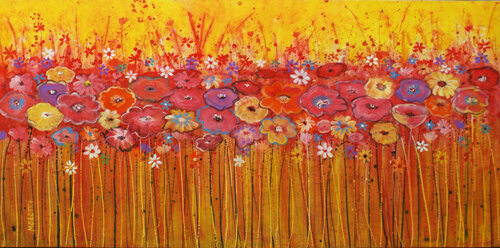 Red flower meadow by Maria Moretti, Painting for Sale on Singulart