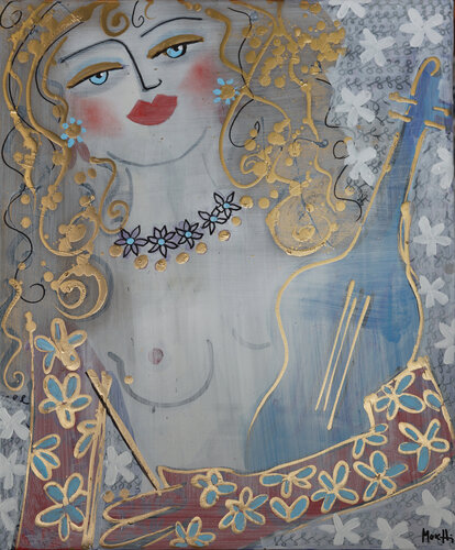 Golden Lady with a violin by Maria Moretti, 회화 for Sale on Singulart