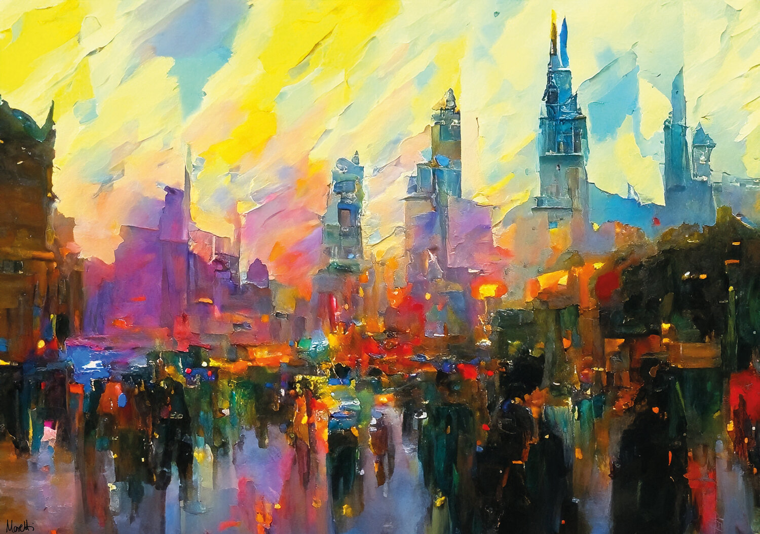 Shopping in New York - city painting Maria Moretti Dipinto originale in vendita