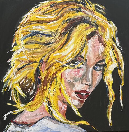 Stamp girl original oil painting on canvas 80 x 80cm von Sabina Nealon, Malerei kaufen auf Singulart