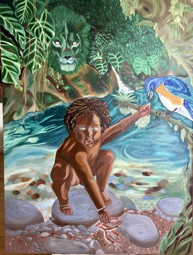 Karoli, fils de la lionne à crinière, guérisseur de merles bleus by Morgane Bassette Renault, Painting for Sale on Singulart