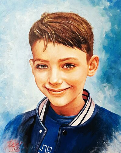 Smiling face-portret of a young boy van Denis Mihai, Schilderij te koop op Singulart