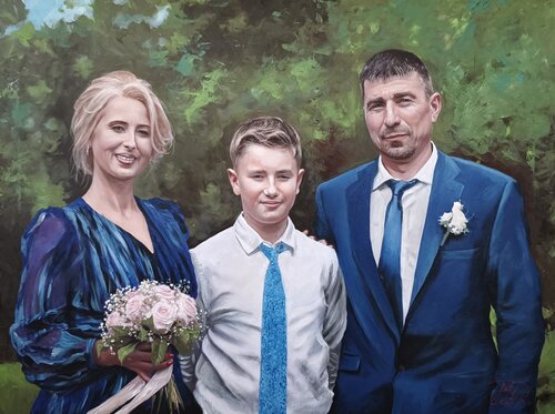 Weeding time-portrait of a cute family at a weeding van Denis Mihai, Schilderij te koop op Singulart