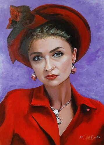 Lady in red-portrait of an elegant lady van Denis Mihai, Schilderij te koop op Singulart