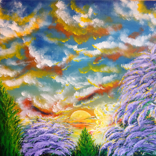 Jacaranda bloom on sunset van Elena Ginsburg, Schilderij te koop op Singulart
