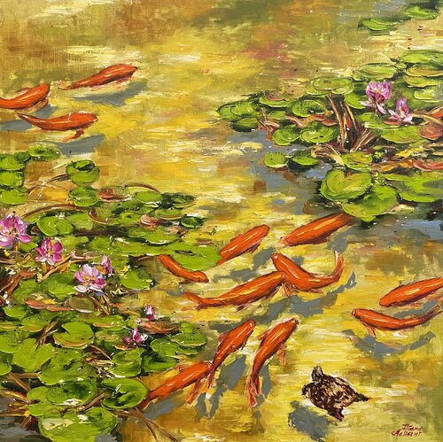 Koi Fish Pond with a Little Turtle de Diana Malivani, Pintura a la venta en Singulart