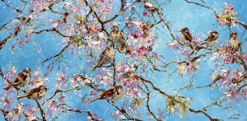 Sparrows in the Blooming Tree by Diana Malivani, 회화 for Sale on Singulart
