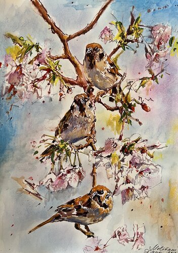 Three Sparrows by Diana Malivani, Drawing for Sale on Singulart