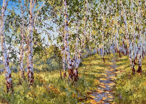 Birch Trees in the Sunshine van Diana Malivani, Schilderij te koop op Singulart