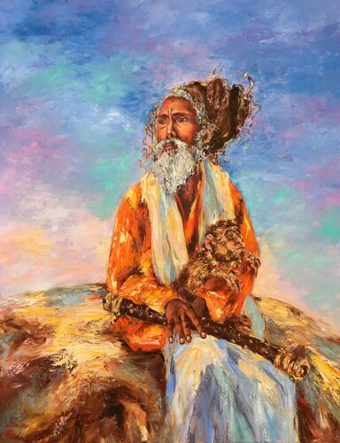 Sadhu et son singe di Diana Malivani, Pittura in vendita su Singulart