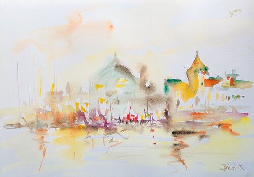 Golden Venice A3 watercolor de Konrad Biro, Pintura a la venta en Singulart