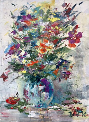 Flowers in a Blue Vase de Konrad Biro, Pintura a la venta en Singulart