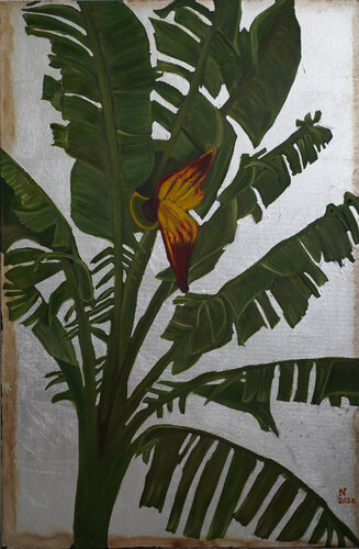 Rustic Banana leafs with silver leafs von nivya gudhanti, Malerei kaufen auf Singulart