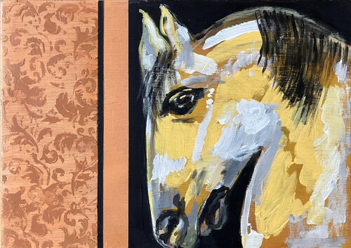 Collage painting  of a Horsehead di Ingrid Bogaert, Pittura in vendita su Singulart