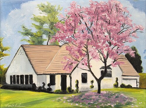 House With A Pink Tree van Lisa Schulaner, Schilderij te koop op Singulart