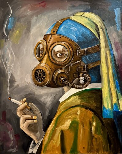 The Girl with the Gas Mask van Tom Krisper, Schilderij te koop op Singulart