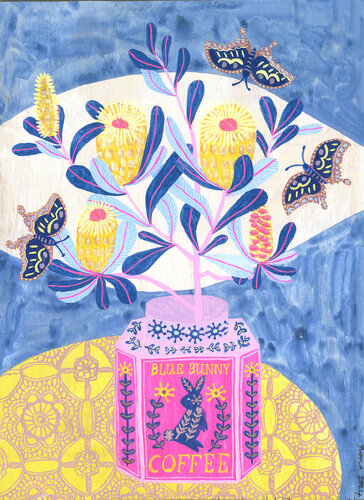 Everyday Artistry: Repurposed Elegance - Blue Bunny Coffee and Banksia van Fiona Solley, Schilderij te koop op Singulart