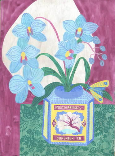Everyday Artistry: Repurposed Elegance - English Breakfast Tea and Orchids van Fiona Solley, Schilderij te koop op Singulart