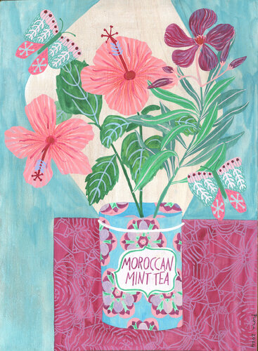 Everyday Artistry: Repurposed Elegance - Moroccan Mint Tea and Hibisicus van Fiona Solley, Schilderij te koop op Singulart