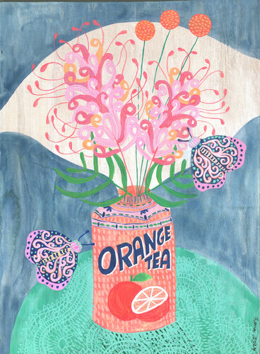 Everyday Artistry: Repurposed Elegance - Orange Tea and Grevillea von Fiona Solley, Malerei kaufen auf Singulart