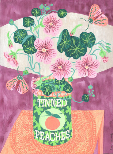 Everyday Artistry: Repurposed Elegance - Tinned Peaches and Nasturciums van Fiona Solley, Schilderij te koop op Singulart