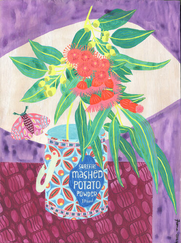 Everyday Artistry: Repurposed Elegance - Surefire Mashed Potato and Gumblossoms van Fiona Solley, Schilderij te koop op Singulart
