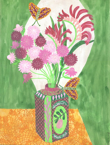 Everyday Artistry: Repurposed Elegance - Superior Olive Oil and Paper Daisies van Fiona Solley, Schilderij te koop op Singulart