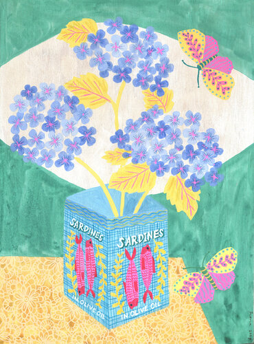 Everyday Artistry: Repurposed Elegance - Sardines in Olive Oil and Hydrangeas van Fiona Solley, Schilderij te koop op Singulart
