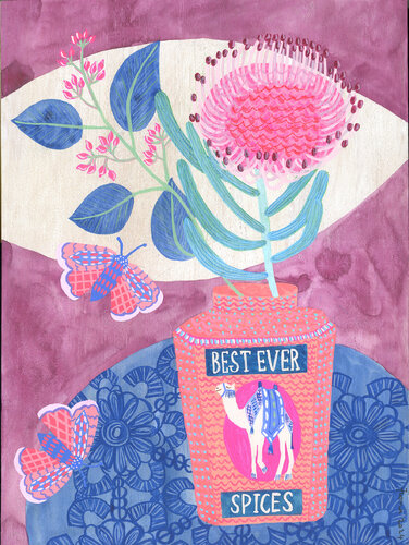 Everyday Artistry: Repurposed Elegance - Best Ever Spices and Leucadendon van Fiona Solley, Schilderij te koop op Singulart