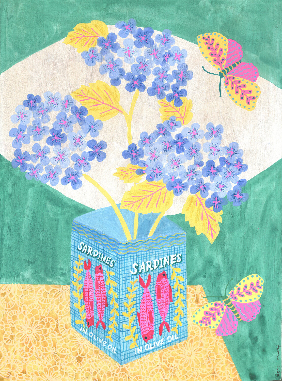 Everyday Artistry: Repurposed Elegance - Sardines in Olive Oil and Hydrangeas Fiona Solley Originalgemälde zu verkaufen