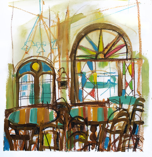 Cafe with colourful windows van Violetta Borigard, Schilderij te koop op Singulart