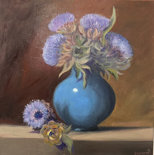 Wild roses in blue vase van Suzana Pirtovšek, Schilderij te koop op Singulart