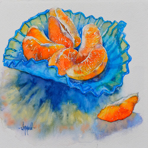 Orange Slices in Blue Bowl by Judy Mudd, Painting for Sale on Singulart