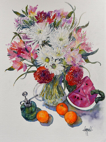 Flowers with Clementines de Judy Mudd, Pintura a la venta en Singulart