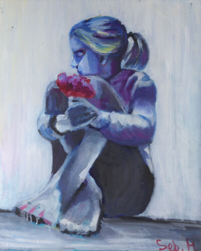 Little Girl With Red Flowers van Sebastien Montel, Schilderij te koop op Singulart